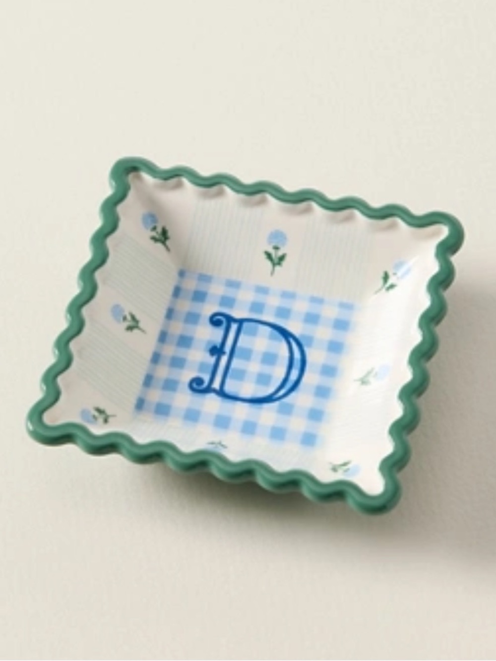 Anthropologie Monogram D Stoneware Trinket Dish Dice Holder In Green and Blue